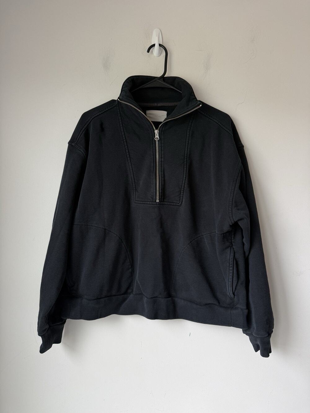 Everlane Organic Cotton Fleece Sweatshirt Black 1/2 Zip Mock Neck L Pullover